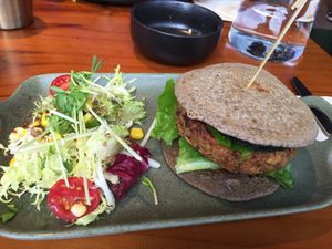 Five bean burger with teff bread and side salad at Africa Coffee & Tea in Hong Kong Island