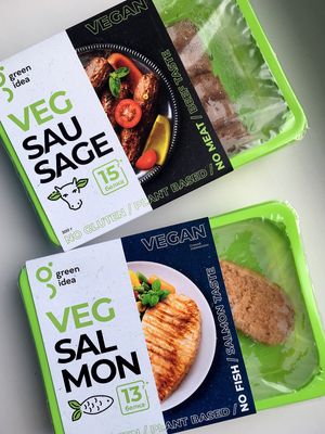 Semi-finished Vegan Sausages and Vegan Salmon (Green Idea) bought at Globus, Eco Bio Vegan section at Globus in Tula
