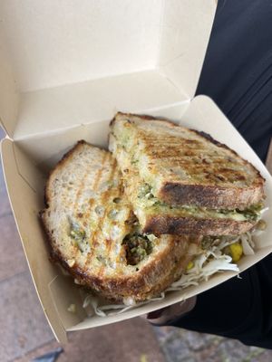 grilled Sandwich with Pesto and kimchi  at Terpager & Co in Ribe