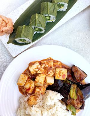 Veggie maki, Szechuan eggplant, tofu with Szechuan sauce and jasmine rice at Chloe's Chinese Restaurant in Paphos