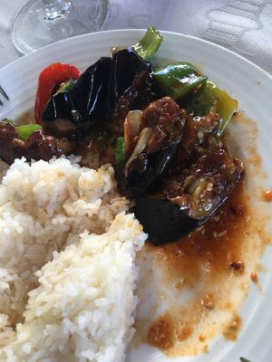 Sizzling eggplant with boiled rice  at Chloe's Chinese Restaurant in Paphos