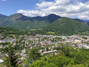 View of Bad Ischl from the outside seating area / terrace. at Gasthaus Siriuskogl in Bad Ischl