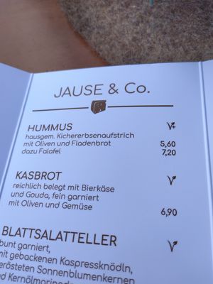 Starters / snacks (V+ means vegan) at Gasthaus Siriuskogl in Bad Ischl