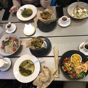 Soups of the day, jackfruit wrap, creamy pasta, fries  at Kozy Eats  in Riga