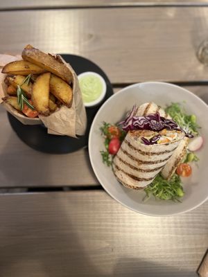 BBQ Jackfruit Wrap + Homemade Chips with garlic sauce  at Kozy Eats  in Riga