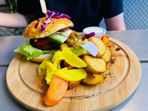 Mushroom Burger and potatoes. at Kozy Eats  in Riga