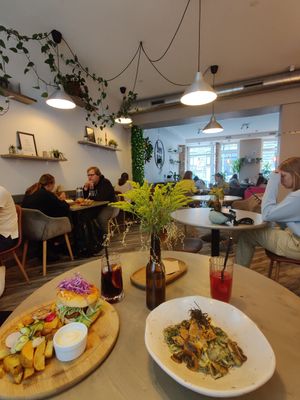 Soyshlik burger and seafoody pasta at Kozy Eats  in Riga