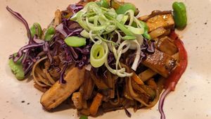 Smoked tofu noodles at Kozy Eats  in Riga