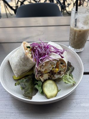 Wrap with Quinoa and Tofu, Iced Coffee with coconut milk  at Kozy Eats  in Riga