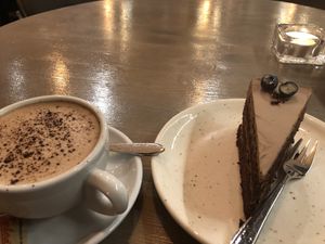 Hot chocolate and chocolate cherry cake  at Kozy Eats  in Riga