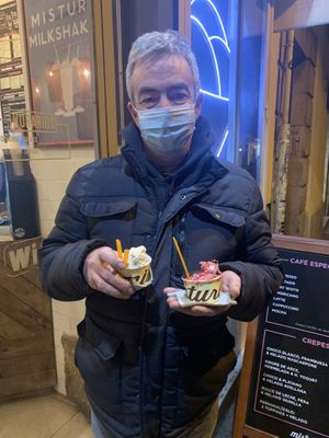 my dad with our ice creams!  at Mistura - Augusto Figueroa in Madrid