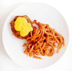 Cutlet with yellow lentils and mustard sauce + spaghetti with tomato sauce at Nova Stolova in Minsk