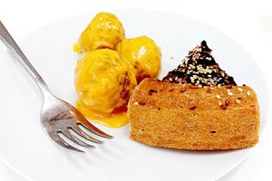 Vegan “meat” balls with mushroom and lentils and spinach pie with walnut and sun-dried tomatos at Nova Stolova in Minsk