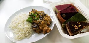 All sorts of "cheese" cakes and the chickpea curry of the day with aromatic rice. at Nova Stolova in Minsk