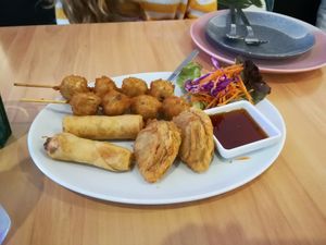 Curry puffs, spring rolls, and mushroom balls at Healthy Thai in East Victoria Park