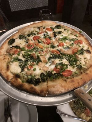 Three cheese pesto “Chicken” pizza at The King's Feet in Berkeley
