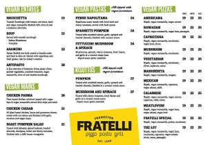 Vegan menu at Fratelli in Frankston