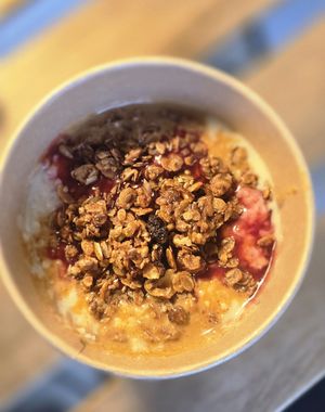 my rice pudding with vegan granola, some jam and peanut butter at Rice Kings Sutlijaš Bar in Belgrade