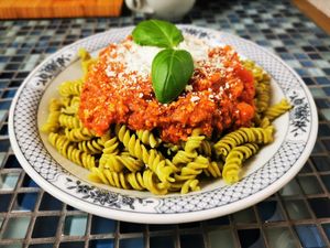 vegan Bolognese with pea or lentils pasta at oValho - Vegan Snack Bar in Porto