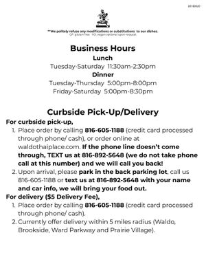 Current hours and info (as of 5/31/20 at Waldo Thai in Kansas City