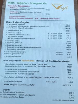 Speisekarte Stand April 2022 at Weingut Vogel in Vogtsburg
