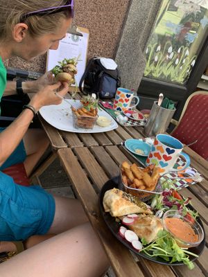 Our food - vegan burrito with french fries at Pivstro in Plzen