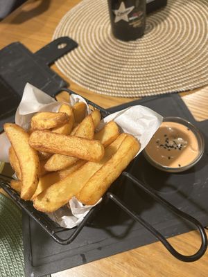 Belgian fries (ask staff to fry in vegetable oil to make vegan) & spicy vegan mayo  at Pivstro in Plzen