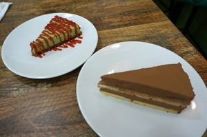 Matcha cheesecake & Chocolate/Pear Layer Cake at Maison Sukoon in Paris