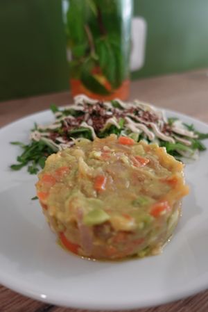 Delicious mango and avocado tartare with a side salad.  at Maison Sukoon in Paris