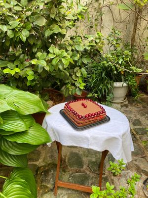 Organic & Vegan Layer Cake : dark chocolate, cherries and stawberries  at Maison Sukoon in Paris