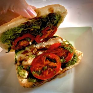Inside of caprese panini at Tree Hugger Plant-Based Kitchen in Kansas City