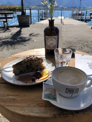 Chocolate nut cake with oatmilk cappuccino   at Pier 17 in Oberhofen