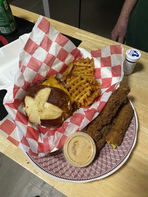 got takeout- friday burger with fries and fried pickles   at Twisted Plants in Cudahy