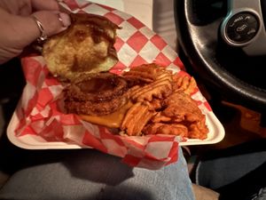 Smoke vegan burger + waffle fries   at Twisted Plants in Cudahy