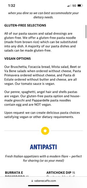 Vegan options  at Va Bene Caffe in Duluth