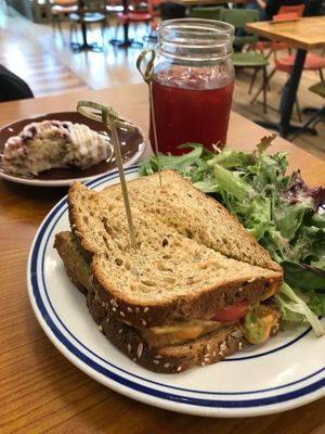 Vegan scone, lemonade/berry ice tea, and vegan valhalla sandwhich at Dovetail Cafe & Marketplace in Duluth