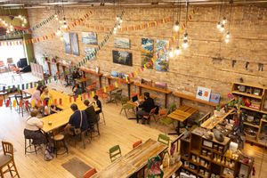 Part of the cafe and market from above at Dovetail Cafe & Marketplace in Duluth