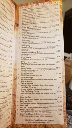 Vegan options on this Szechuan page are Mongolian Tofu, kung pao tofu, and mapo tofu (ask for no pork) (September 2021). at Golden Inn in Superior