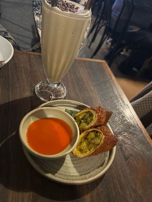 Potato pan roll and coffee coconut slushy   at Lankan Filling Station in Sydney