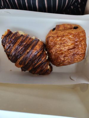 Croissant filled with an orangey cream and a pain au chocolat at Cafe Harepus in Aarhus