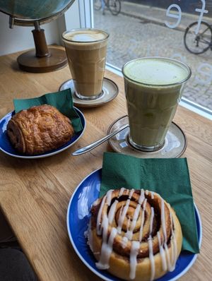 Hot drinks and pastries at Cafe Harepus in Aarhus