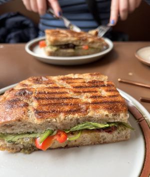 ‘Panini’. With focaccia bread (or you could chose croissant or sourdough) Veg, tahini & pesto   at Cafe Harepus in Aarhus