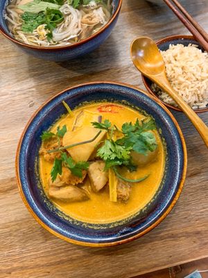 Curious curry with rice ($9.80):
Rating: 8/10
The curry was tangy and light. Flavours of the tangy Thai red curry definitely came through with the Thai fresh herbs. Overall, it w at The Kind Bowl - Somerset in Central Singapore