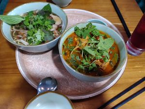 Left Pho, right no crab noodles at The Kind Bowl - Somerset in Central Singapore