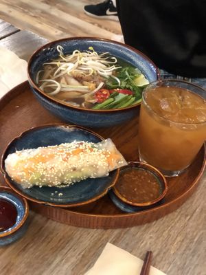 Pho, summer spring rolls with peanut dip and passion fruit tea at The Kind Bowl - Somerset in Central Singapore