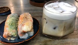 Summer rolls and no-moo iced latte at The Kind Bowl - Somerset in Central Singapore