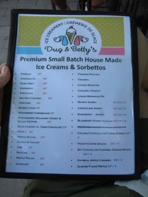 Ice cream and sorbetto flavours in July 2022 at Dug & Betty's Ice Creamery and Cafe in Winnipeg