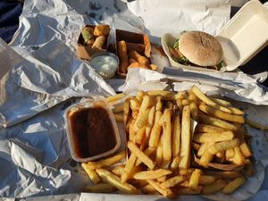 vegan fries with stew sauce and veganaise, burger, vegan mix, vegan 'shrimp',  at Royal Frituur in Bruges