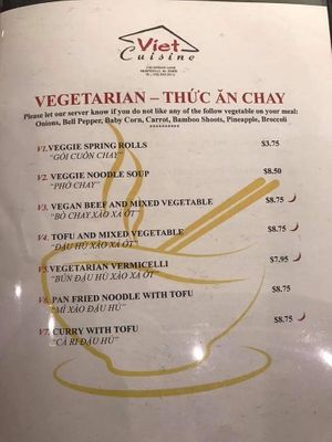 Veggie Menu at Viet Cuisine in Huntsville