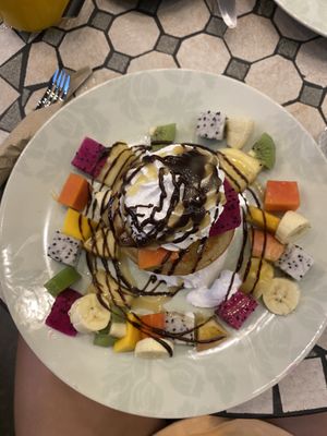 Pancakes with chocolate and caramel sauce with fruit   at Annie in Koh Samui